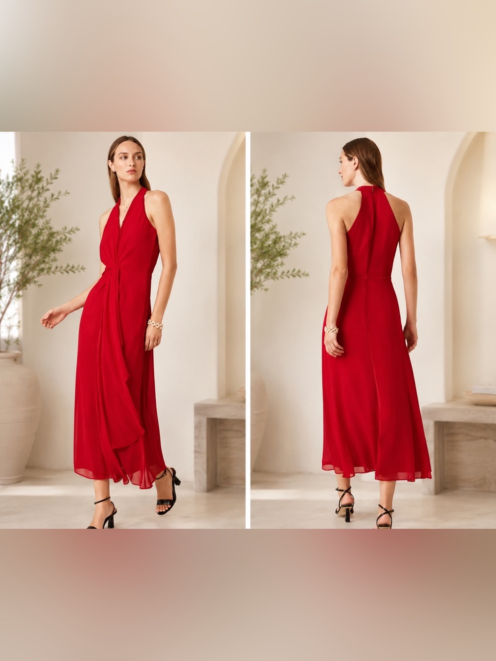 ❤️ WHBM Red Sleeveless Chiffon Twist-Front Ruffle Maxi Dress NWT Size 2